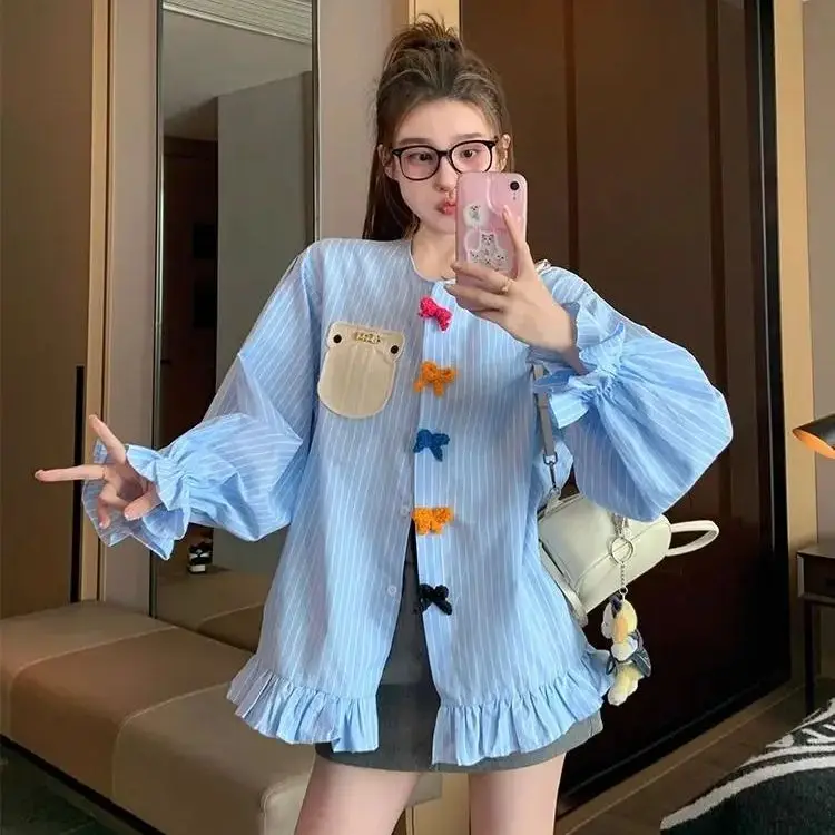 

Blue Striped Bow Shirt Chic Ins Loose Shirt Women Stripped Print Long Lantern Ruffles Sleeve Blouse Casual Colorful Blouses