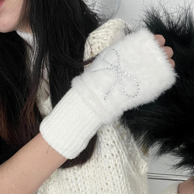 1Pair Fashion Cute Bowknot Rhinestone Gloves For Women Girls Sweet Versatile Winter Thickened Warm Half Finger Gloves Gifts