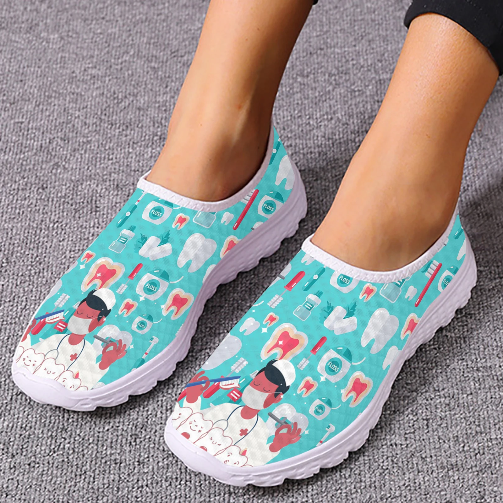 INSTANTARTS Dentist Shoes Women\'s Flats Cartoon Dental Nurse Print Breath Mesh Comfort Sneakers for Ladies Girls Summer Loafers