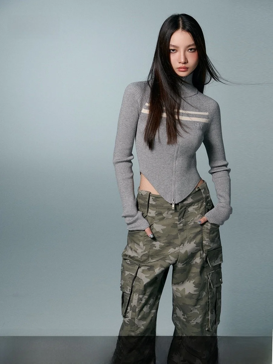 

PRRP Оригинальный дизайн, вязаный кардиган с молнией, цветными блоками, длинными рукавами и высоким воротником, женский топ, уникальный, не повторяющийся