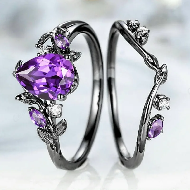 

Elegant Black Color Inlaid with Purple White Zircon Rings Luxury Fashion Flower Party Engagement Wedding Rings for Women Jewelry