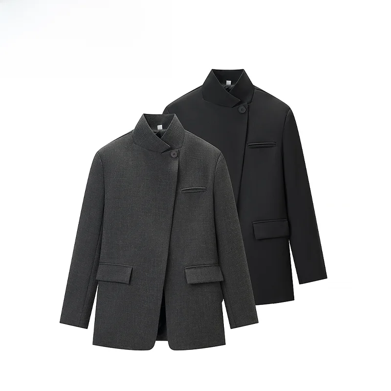 

Весенний новый модный женский пиджак ZR: универсальный дизайн, премиальный вид, длинный рукав, полиэстер, деловой повседневный стиль, однотонный