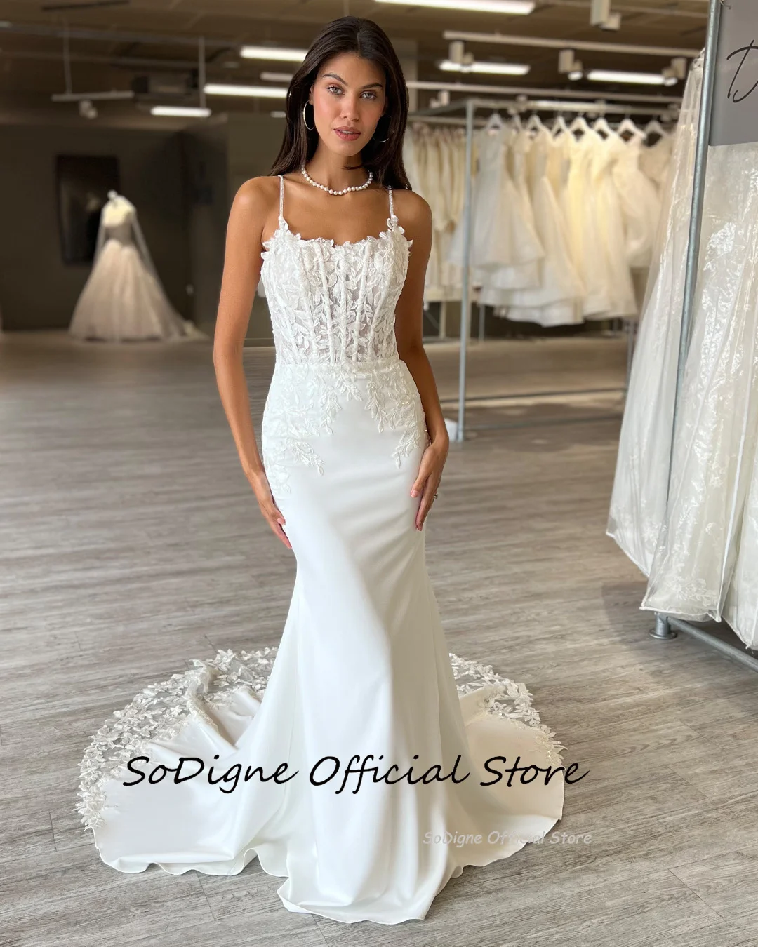 SoDigne Mermaid Satin Boho Wedding Dresses Sleeveless Strapless Appliques Bridal Dress Long Wedding Gown Custom Made ﻿