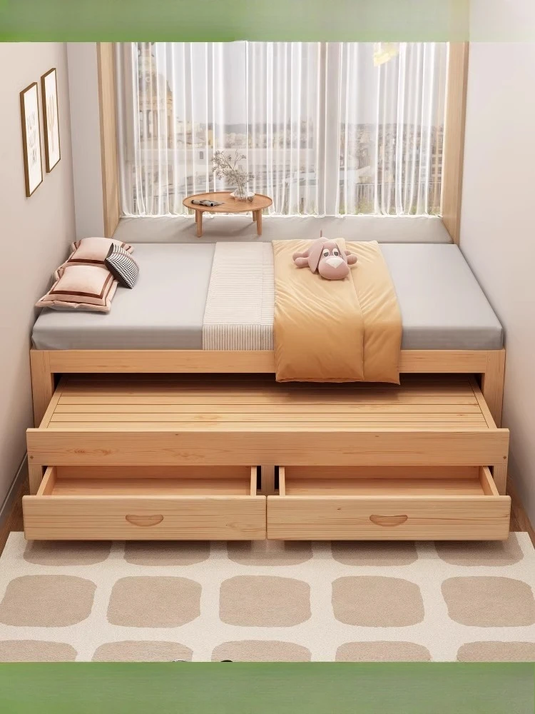 

Каркасетная кровать из цельного дерева, односпальная кровать для прицепа с ящиком, современная простая татамированная кровать, без прикроватной настройки.