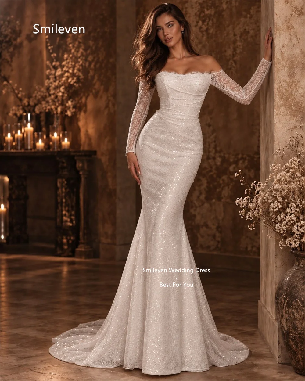 Smileven Ivory Lace Wedding Dresses Mermaid Fitted Off The Shoulder Long Sleeve Bridal Dress Sequin Embroidery Gowns Customized