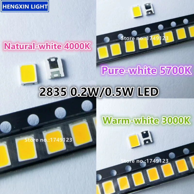 Super Bright 2835 SMD LED, Pure-white 5700K,Natural-white 4000K,Natural-white 5000K, 0.2W/0.5W 95+RA Eye-protection Lamp Beads