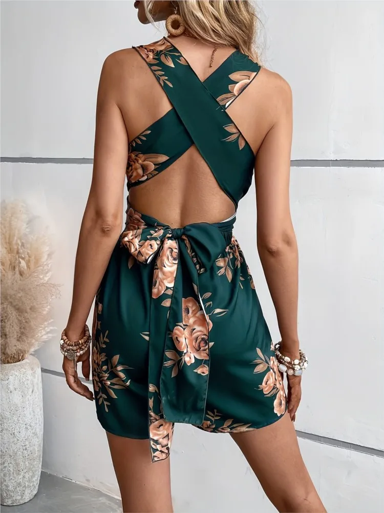 Fashion Sexy V-Neck Halter Backless Multicolor Printed Women\'s Jumpsuits 2025 Summer Elegant Loose Party Jumpsuit  Playsuit