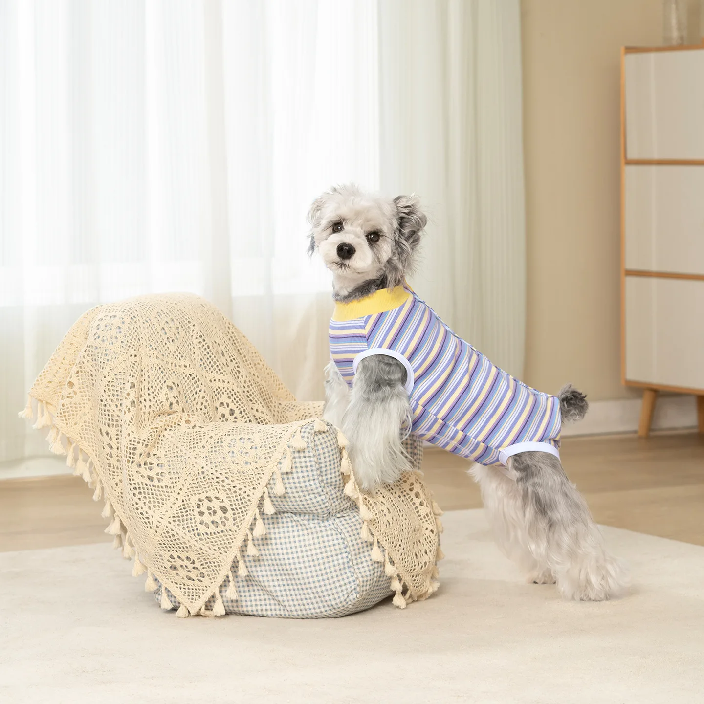 Thin Cotton Dog Belly Band Cat Shirt Striped Recovery Vest with Back Buttons Anti-Cold Post-Surgery Spay Nursing Pet Clothing