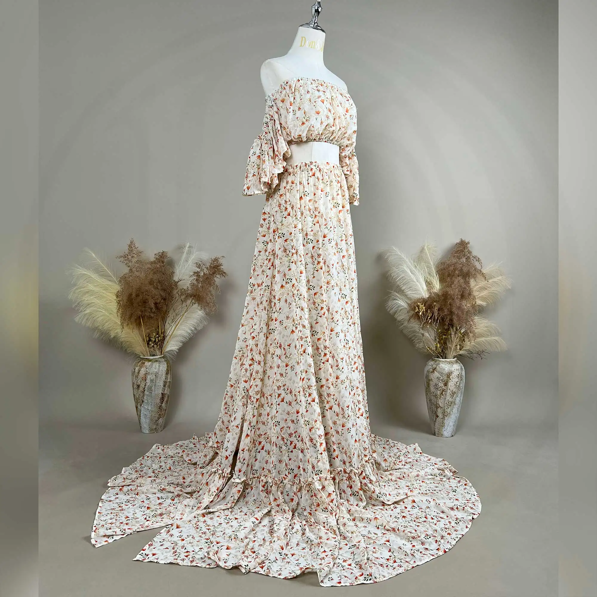 Don&Judy Floral Top and Skirt Set Side Slit Dress Maternity Photography Dresses Photoshoot Gown Pregnant Photo Session