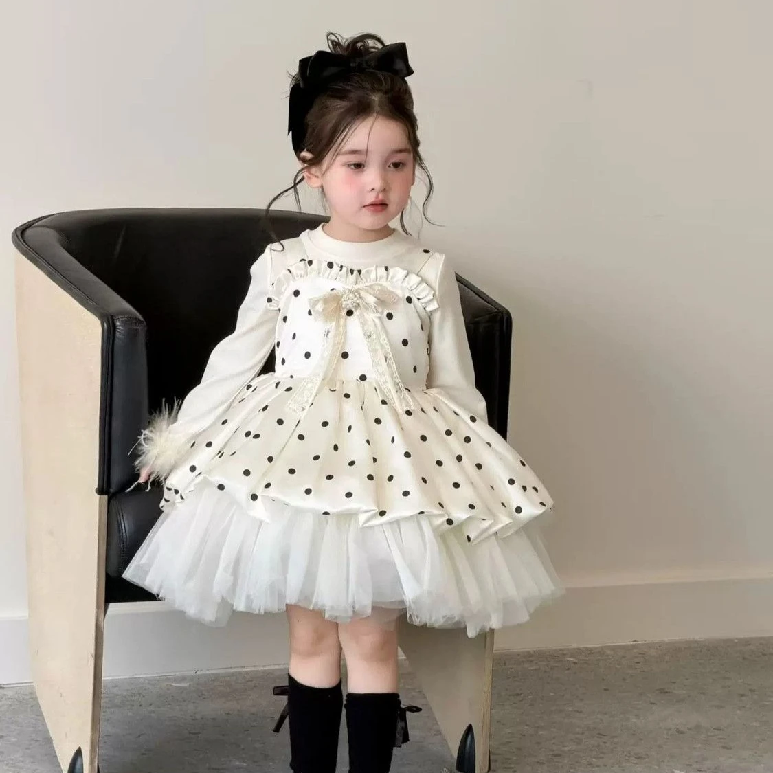 Girls Suit 2026 Autumn and Winter New Childrens Wear Baby Girl Temperament Feather Bottom Shirt Poky Dot Princess Dress Two Sets