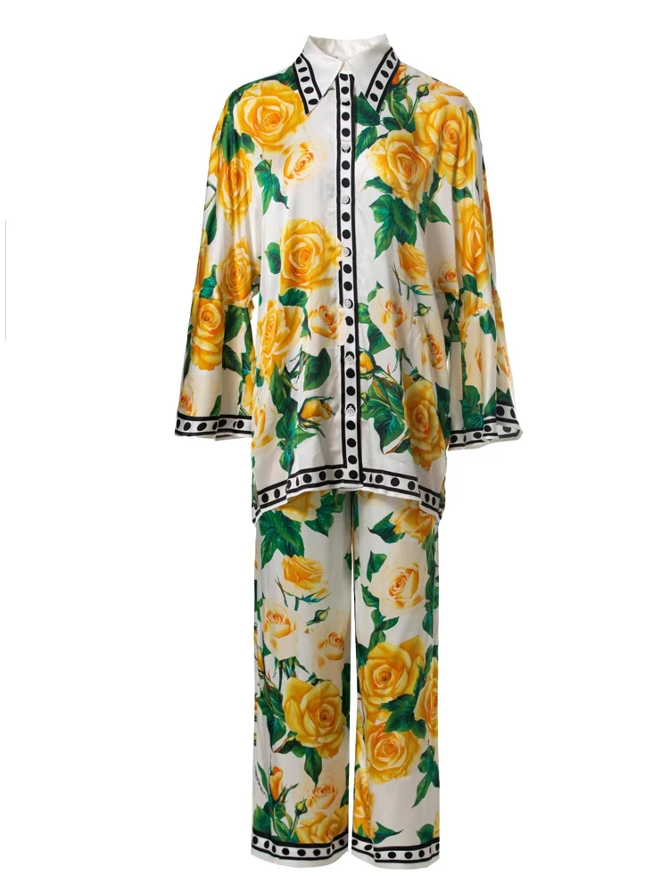 SEQINYY Sicily Suit Summer Spring New Fashion Design Women Runway Flare Sleeve Shirt + Elastic Waist Pants Vintage Flower Print