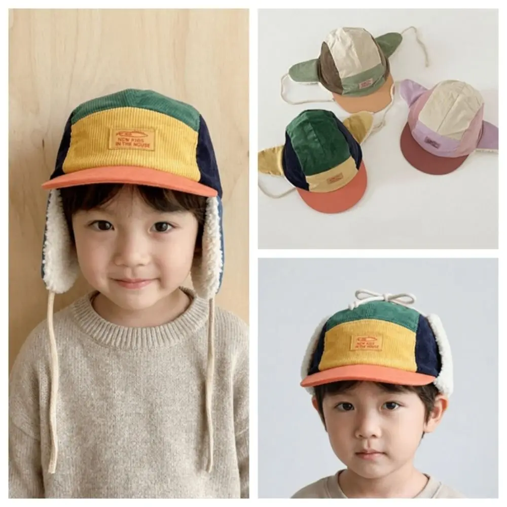 Cozy Warmth Patchwork Trapper Hat Corduroy Earflaps Warm Ski Hat Thermal Plush Lining Winter Plush Cap Outdoor Play