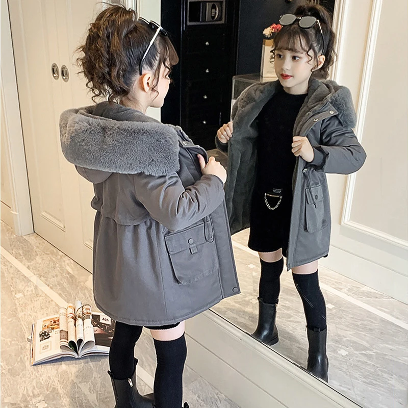 الفتيات الشتاء الدافئة أفخم سترة 5-14Y الرباط الخصر مقنعين معطف القطن مع الفراء طوق يندبروف معطف ملابس خارجية للأطفال #2