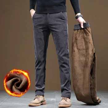 2025 New Winter Fleece Warm Corduroy Pants Men Business Fashion Slim Fit Stretch Thicken Gray Khaki Fluff Casual Trousers Male 4