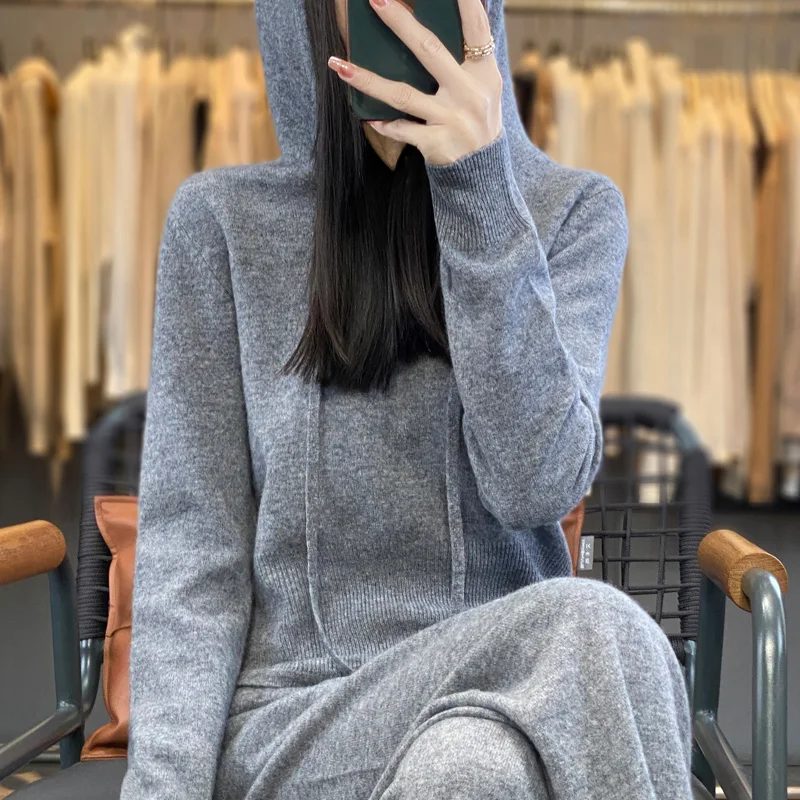 2024Autumn/Winter New Women\'s Leisure Suit Slim Hooded Knit Top Elastic High Waisted Leg Wide Leg Pants 100% Australian Wool Set