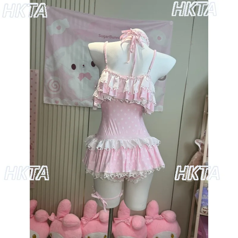 Japanese Cute Strawberry One Piece Swimsuit Kawaii Daughter Girls Sweet Bow Rabbit Ear Swimwear New Summer Swimming Bikini Set