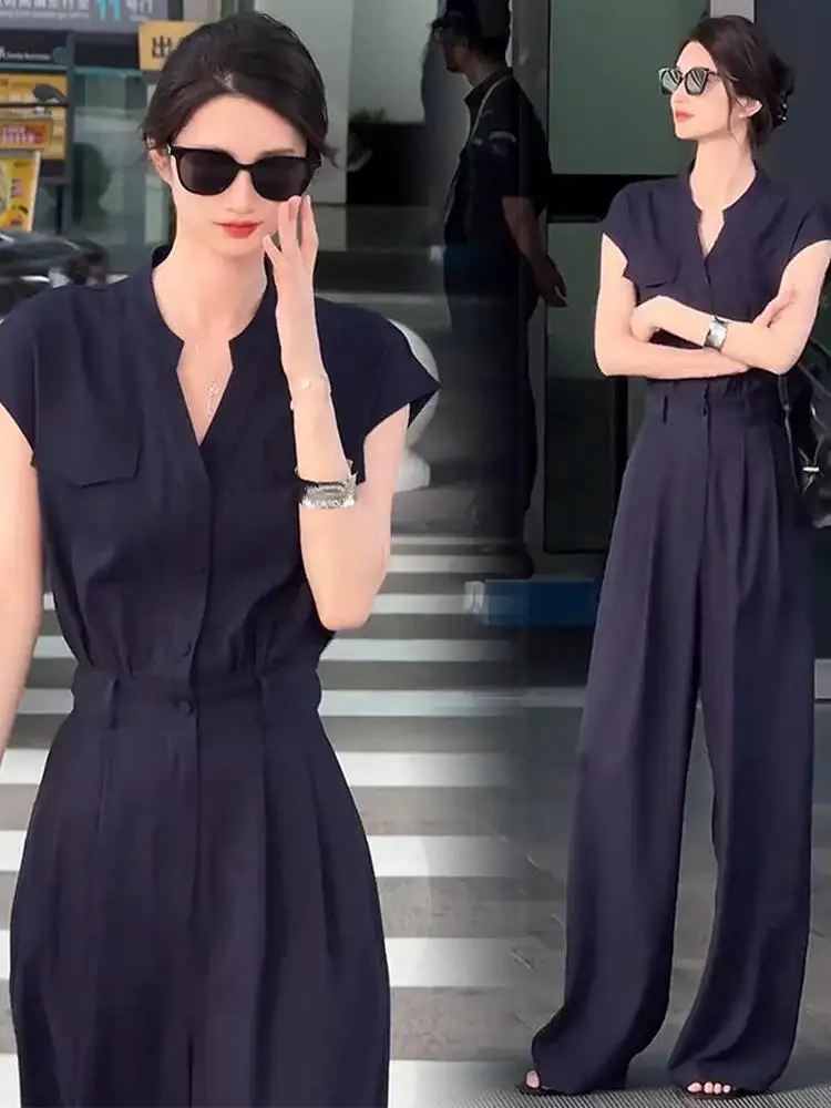 Ele – combinaison taille haute à jambes larges pour femmes, décontractée, coupe droite, longueur au sol, costume coréen Sle Commute Faion