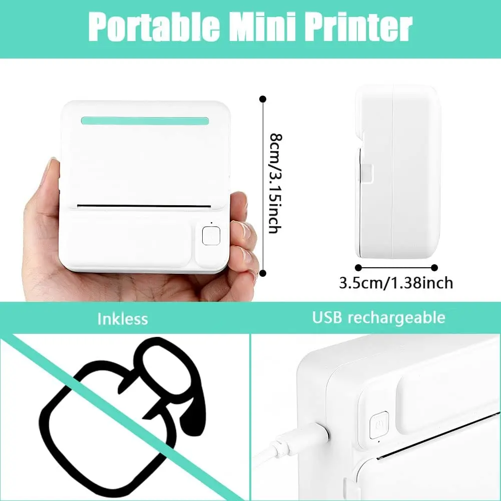 Mini Pocket Printer Wireless BT Thermal Printer with Thermal Paper Portable Printer for Photo Label Image Study Note Painting