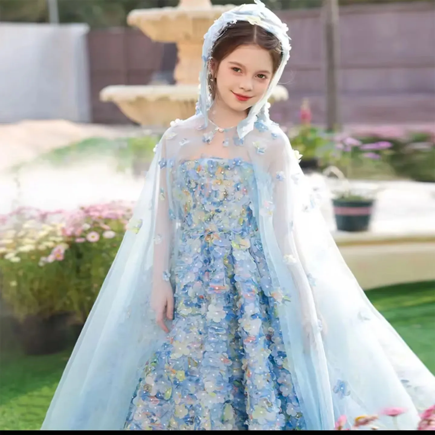 Jill Wish J273 Luxury Gradient Blue Flower Girl Dress 3D Flowers with Cape for Kid Princess Wedding Pageant Birthday Party Gowns