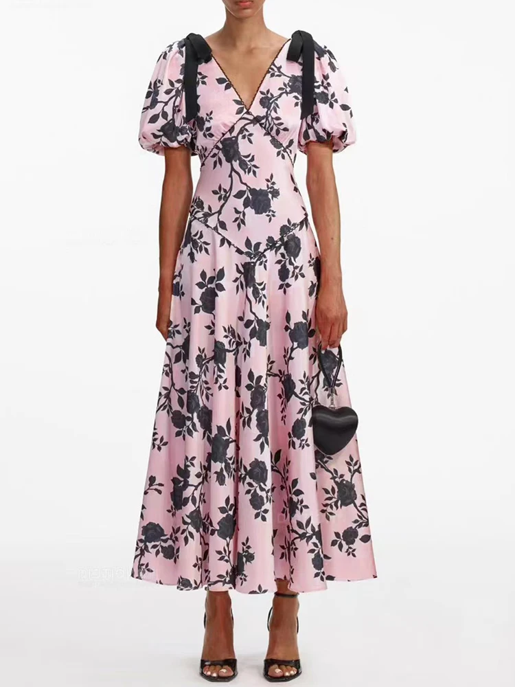 

Designer's retro printed color-blocked bow V-neck cinched waist dress 2025 summer women's fashion loose A-line puffy dress
