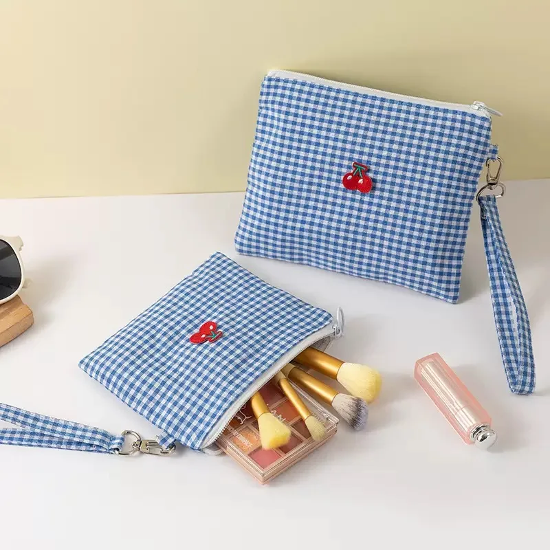 1pc Embroidered Cherry Canvas Makeup Bag Red Grid Girl Travel Cosmetics Storage Bag Makeup Pouch Zipper Travel Toiletry Handbag