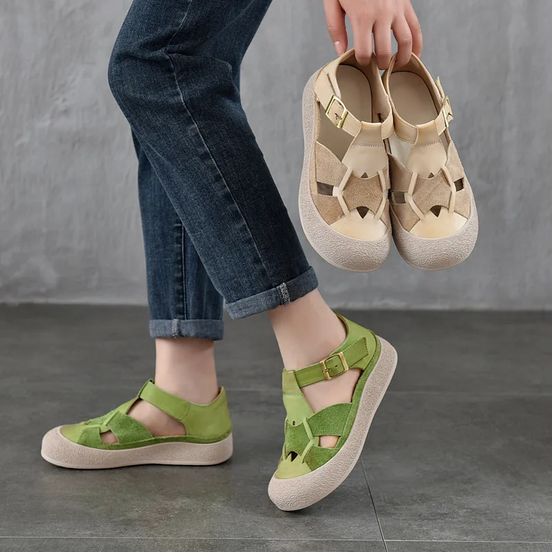 Koznoy 3,5 cm 2025 tejido de vaca gamuza sandalias planas de cuero genuino señoras verano cómodo étnico mujeres plataforma cuña zapatos de moda