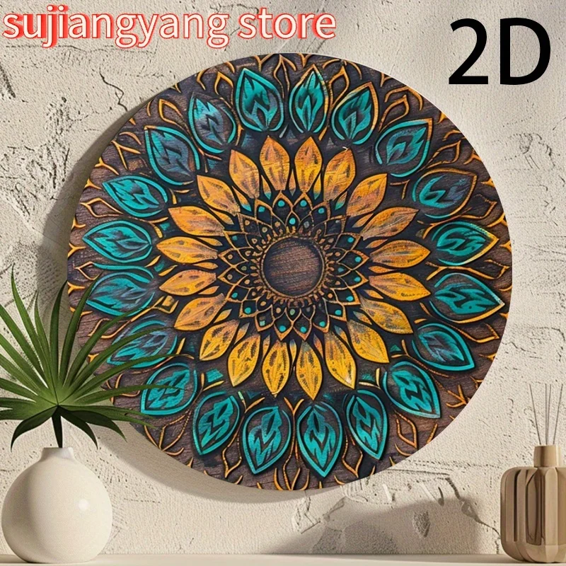 Vintage-Mandala-Wanddekorschild aus Aluminium – 20,3 x 20,3 cm, bunte runde Metallkunst für Zuhause, Büro, Garten und Küche – einfaches Aufhängen