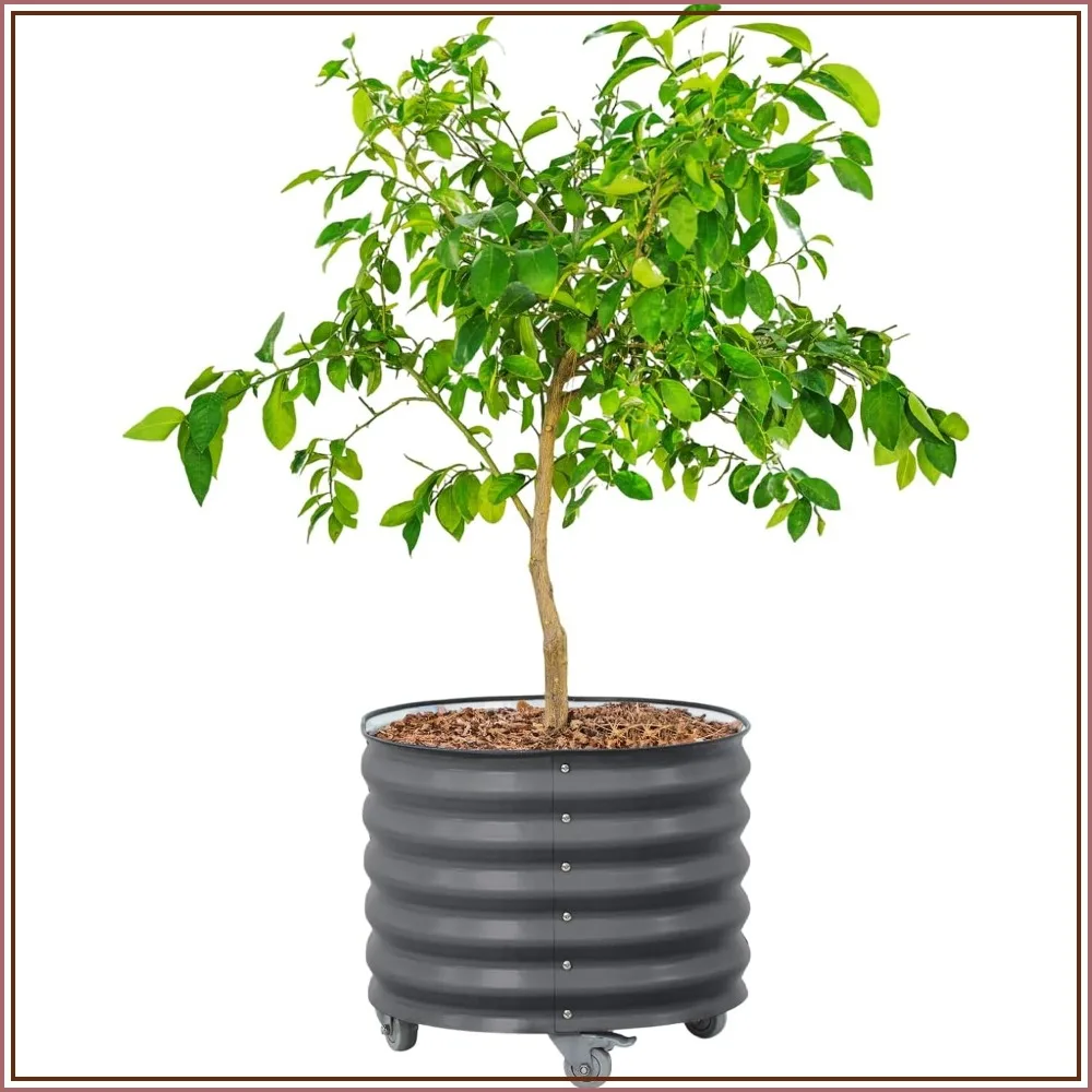 Rolling Metal Planter Pot 24in Round 30 Gallon with Wheels for Patio Garden