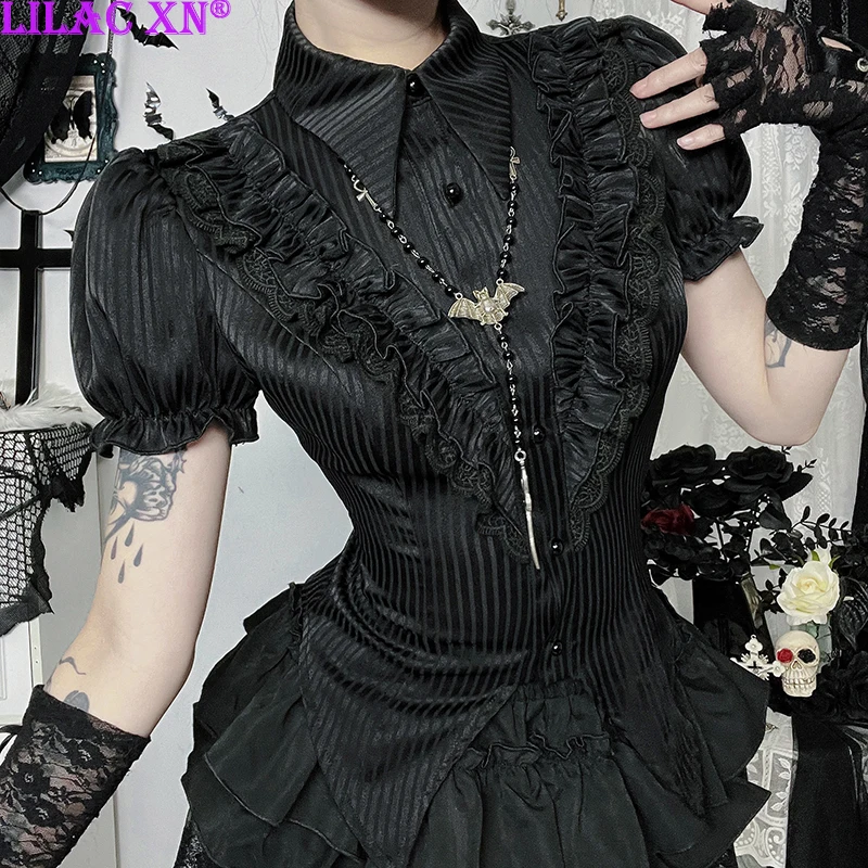 

Gothic Lolita Black Puff Short Sleeve Shirts Blouses Vintage Striped Ruffle Trim Button Slim Shirt Women Summer New Fashion Tops