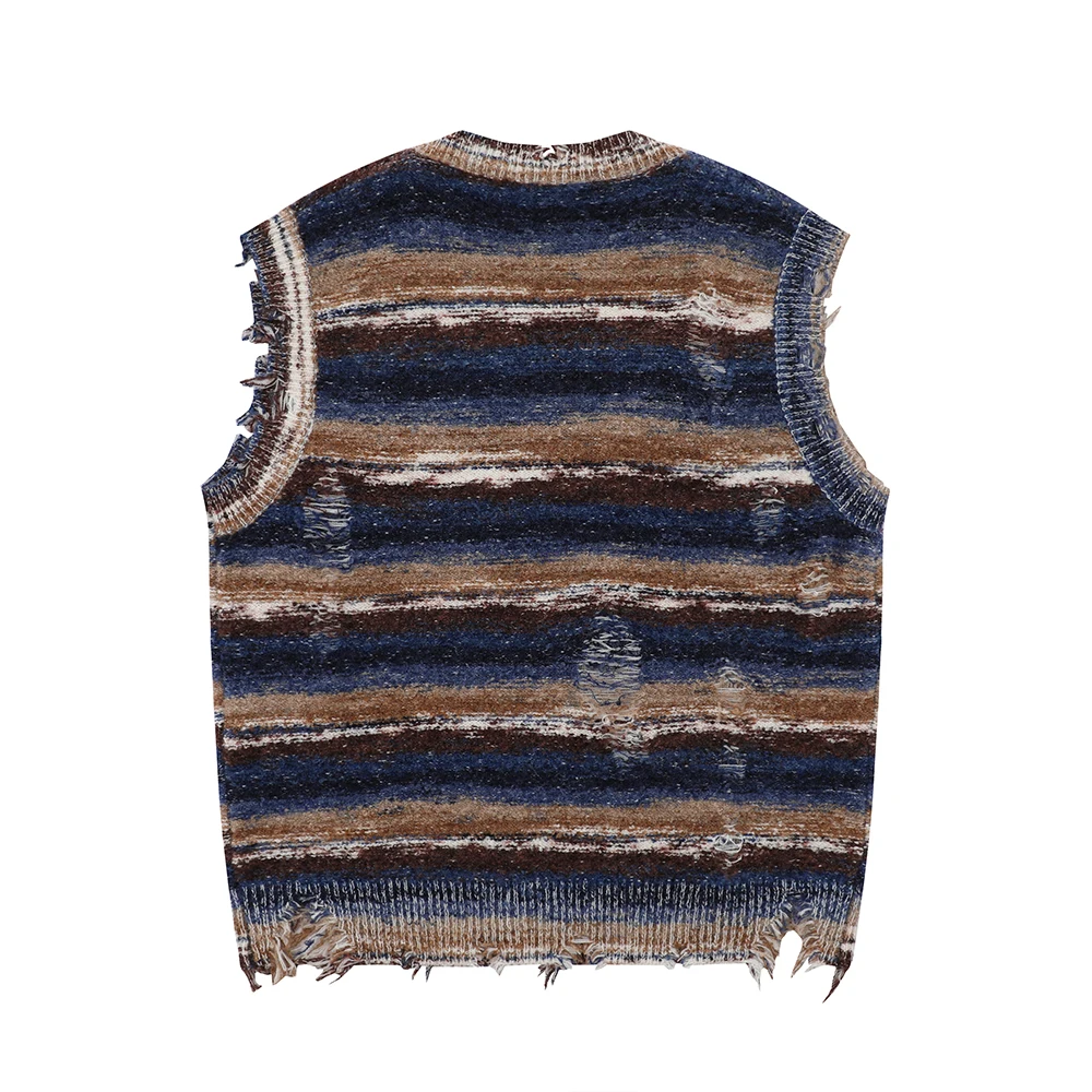 Japanese Vintage Striped Spliced V Neck Ripped Vest for Men Chaleco Hombre Baggy Y2K Casual Sleeveless Knitted Sweater Oversized