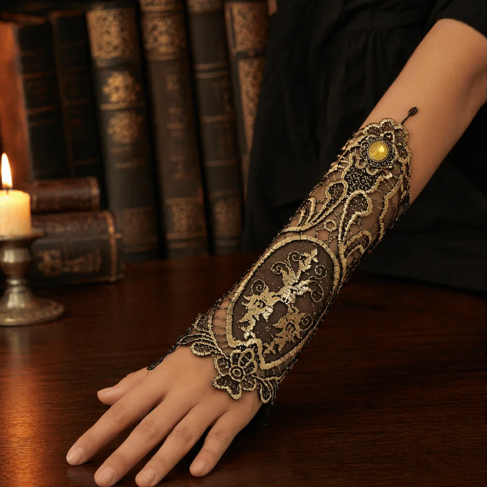 Lace Cuff Fingerless Glove Vintage Style Black Gold Color Steampunk Glove Gothic Style Elastic Halloween Accessories Party