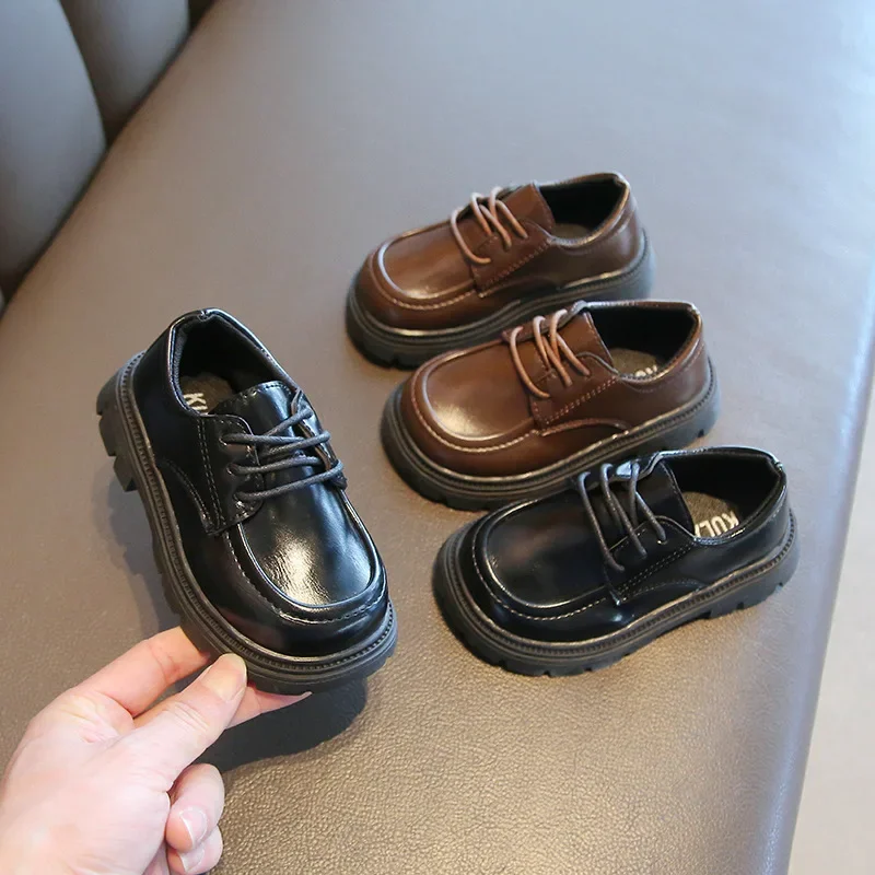 Kids Leather Shoes for Boys Girls Unisex Children Formal Shoes British Style Lace-up Soft Thick Sole for Wedding Party Non-slip