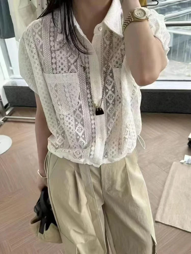 Geborduurd kant irt dameskraag los uitgehold zoete jeugdige bloei Sve top katoen zomer ort Sve