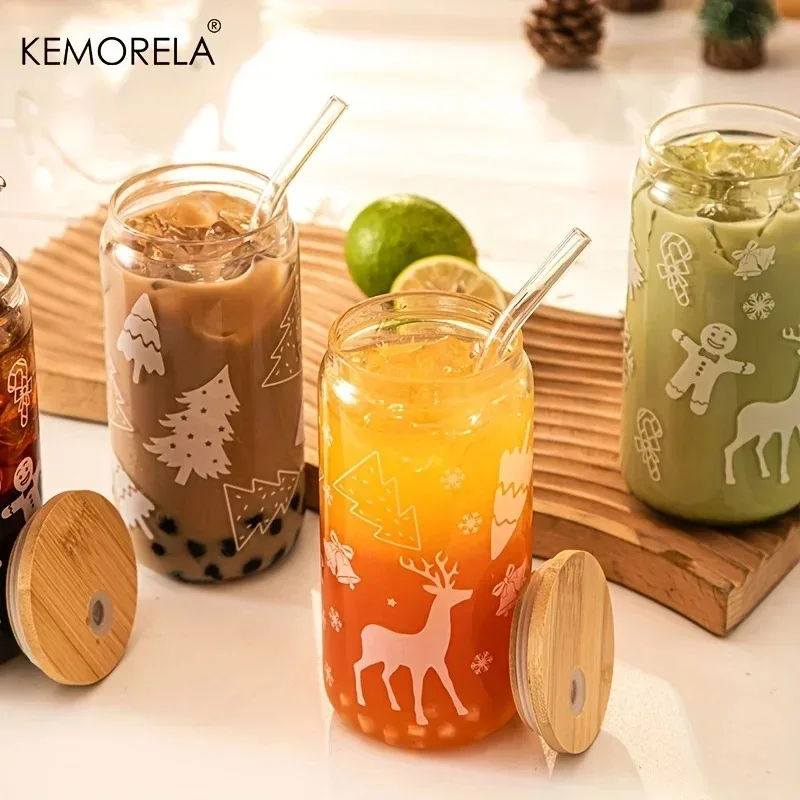 1/4 قطعة عيد الميلاد كوب زجاجي البيرة يمكن القهوة القدح مع غطاء وقش شجرة عيد الميلاد الأيائل بهلوان 480 مللي أكواب للشرب درينكوير الهدايا