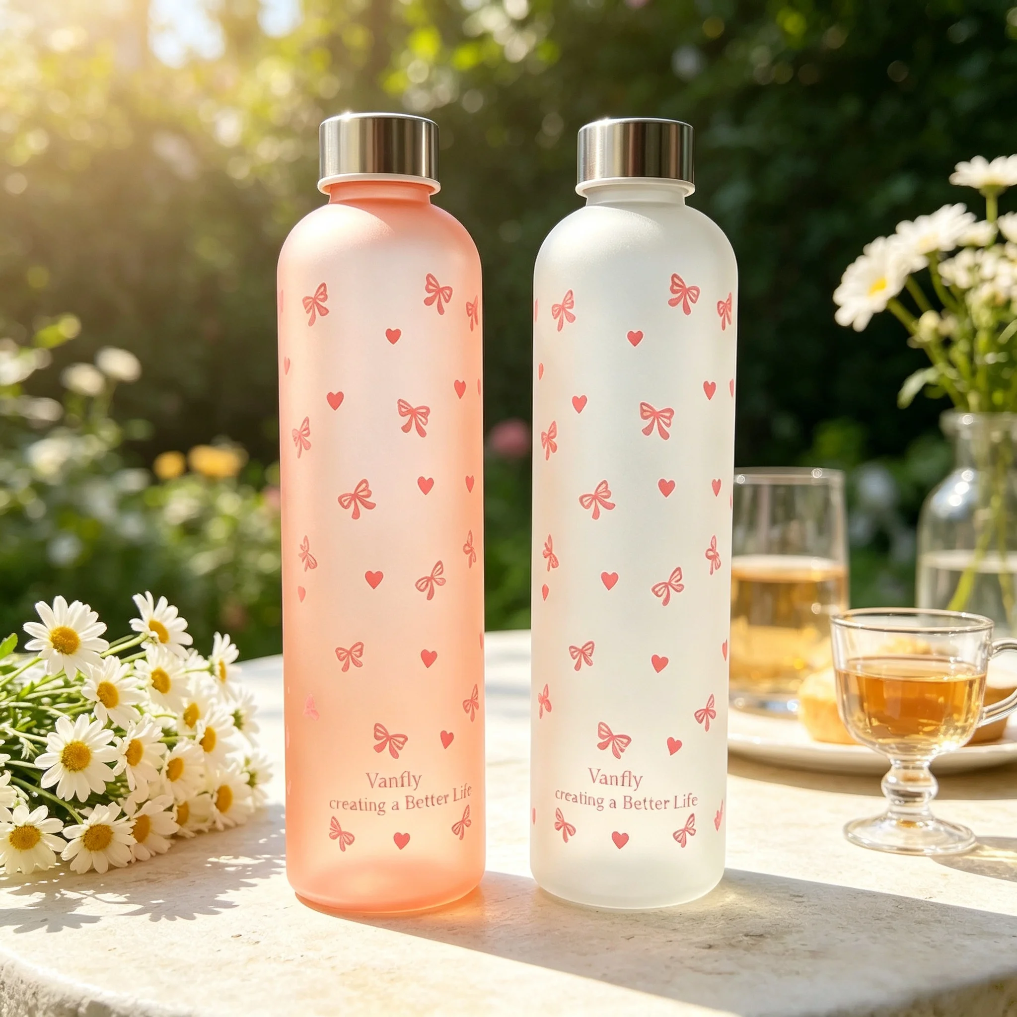 1000ML New Bow Print Water Bottle, Premium Frosted Texture Large Capacity Leakproof Cup, Light Portable for School Sports Travel