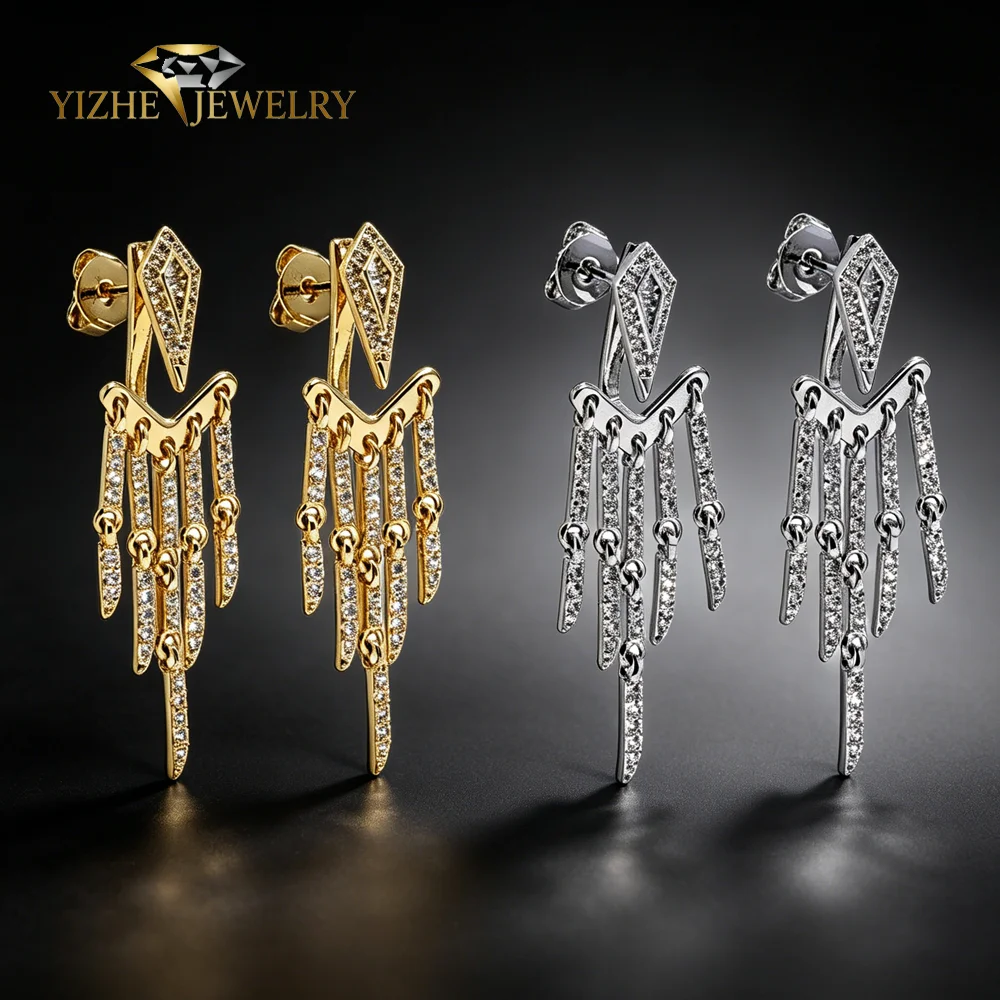 Fashion Geometric CZ Dangling Drop Link Chain Earring Paved Bling  Cubic Zirconia For Women Luxury Charm Jewelry