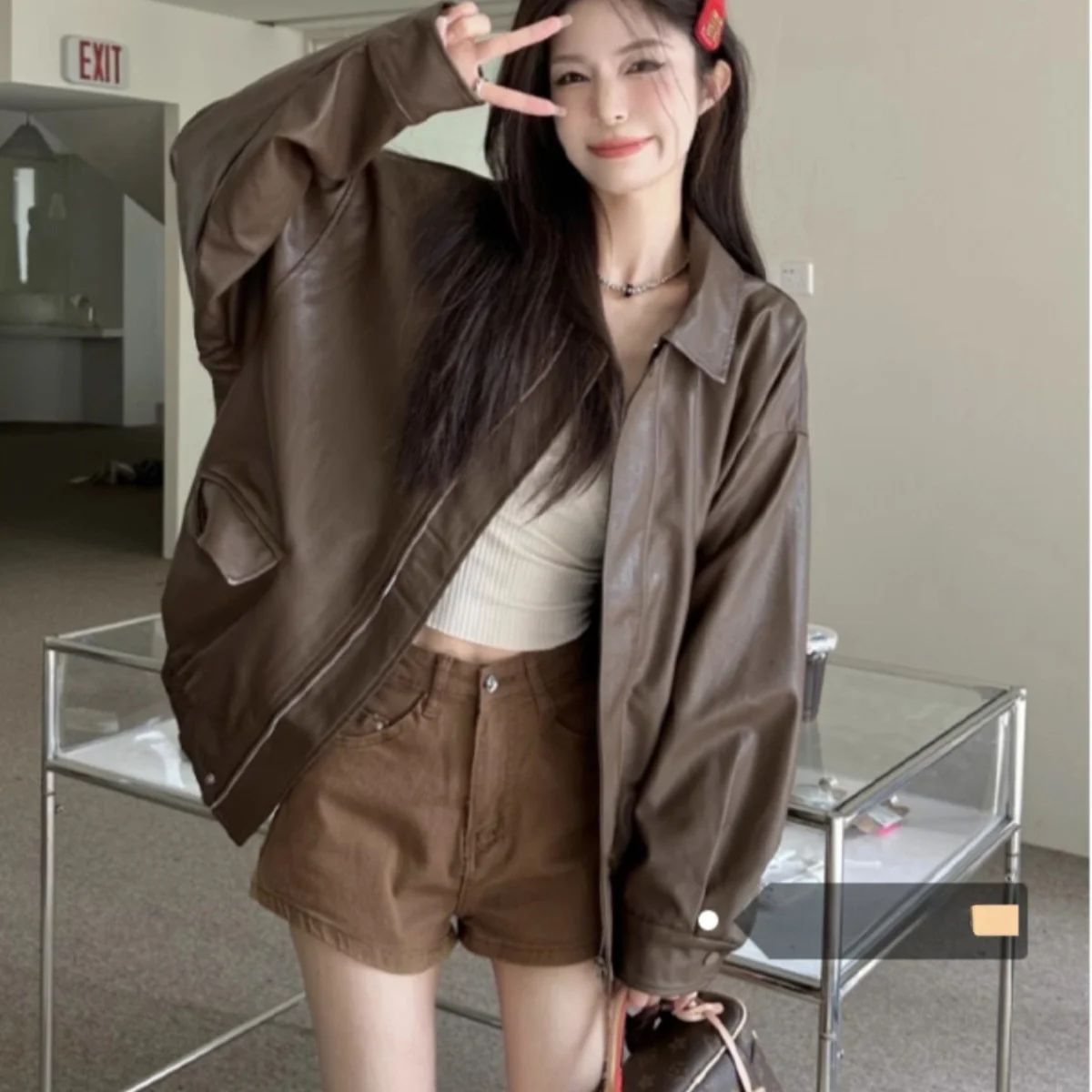 Retro American Brown Leather Jacket Women's 2026 Spring Autumn New Sweet Cool Style Motorcycle Clothes Loose Top Women