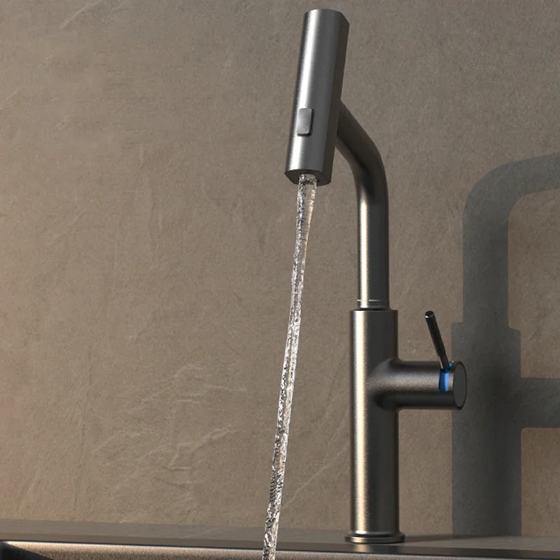 Brass Gray Bathroom Basin Faucet Pull Out Hot and Cold Mixer Sink Tap Multi-function Nozzle Kitchen Faucet Waterfall Tap