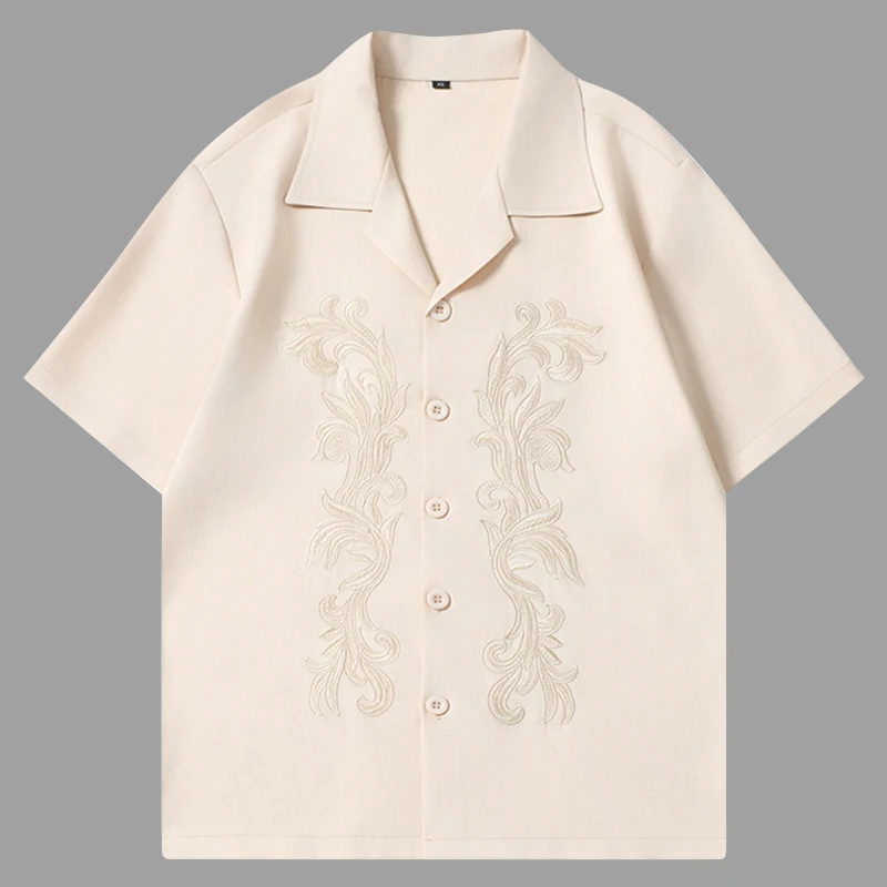 Short Sleeve Casual Shirt Black Beige Shirt Party Dress Shirts Men Clothing Flower Embroidery Shirts Men Camisa Social Masculina