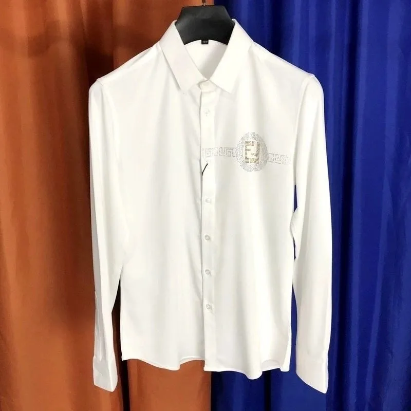 Men's clothing spring and autumn high quality y2k letters hot drilling long sleeve shirt handsome slim shirt