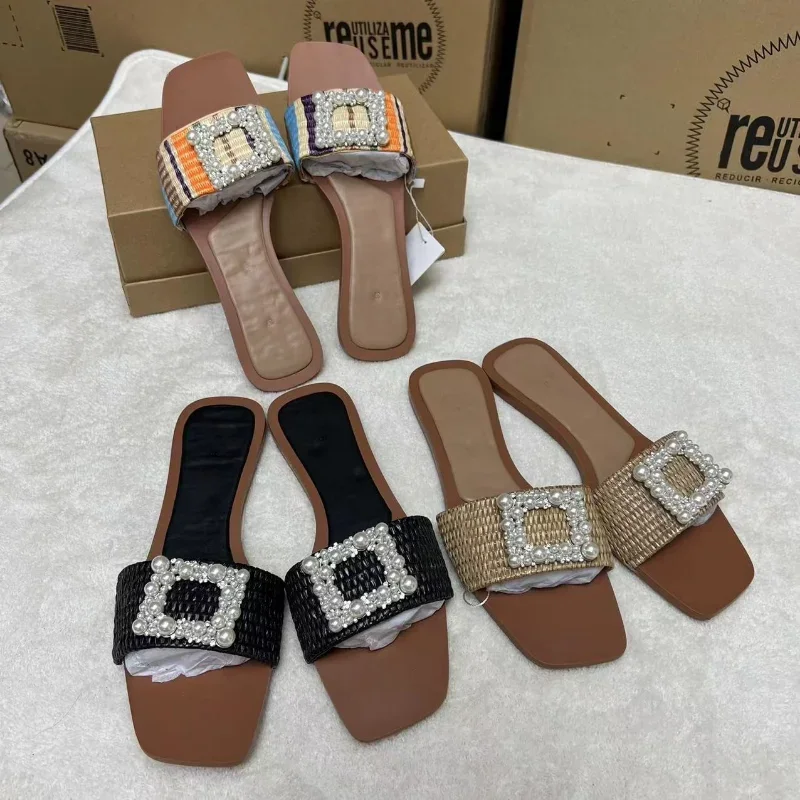 Pearl Women Slippers Square Buckle Designer Brand Flip Flops Flat Soft Sole Outdoor Slippers Woman 2023 Summer Beach Shoes