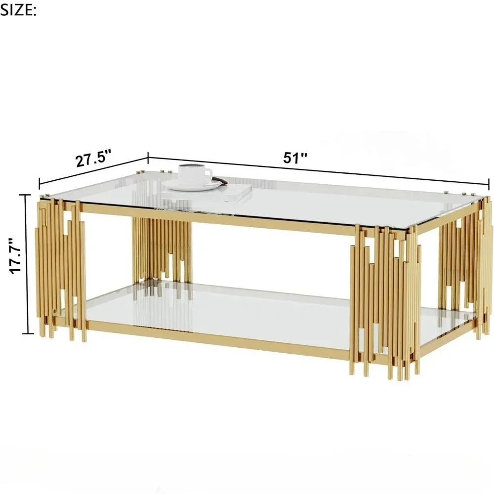 Salontafel, moderne woonkamertafel, gouden poten, 51 inch rechthoekige salontafel van helder gehard glas