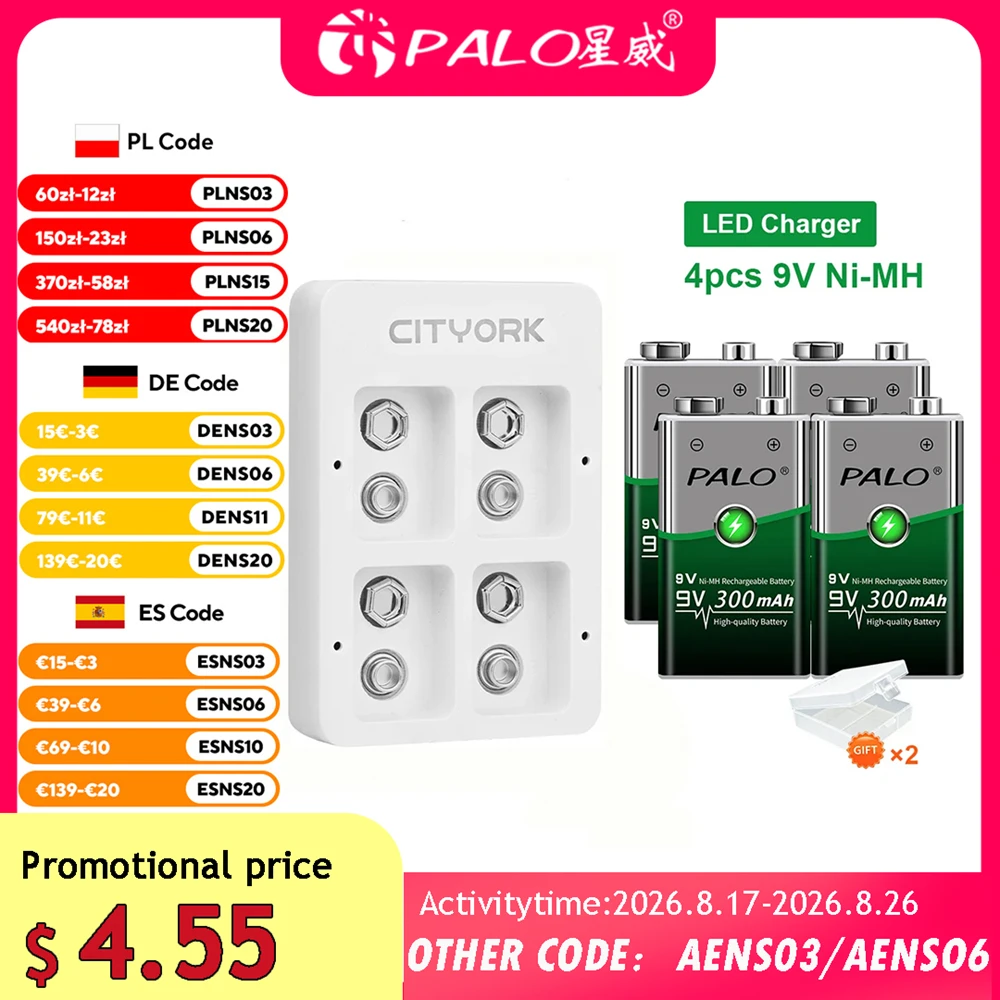 PALO 9V NI-MH wiederaufladbare Batterie 300 mAh USB Smart Batterieladegerät für 9 Volt 6F22 9V NiCd NiMh Lithium wiederaufladbare Batterien