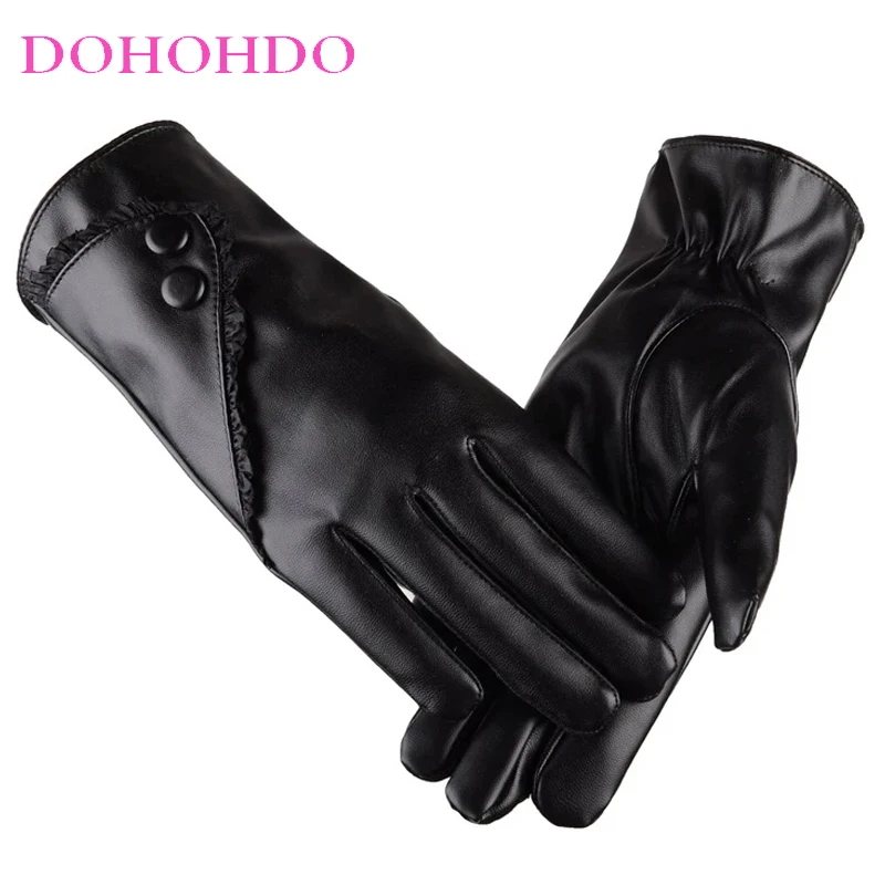 

Motorcycle Touch-screen Leather Gloves Ladies Winter Black Gloves 2 Buckle Design Riding PU Warm Imitation Gloves Guantes Negros