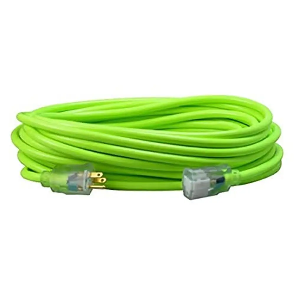 12/3 SJTW 50ft Outdoor Extension Cord Heavy Duty Water Resistant Fluorescent Green Made in USA Lighted End UL Listed CUL Listed