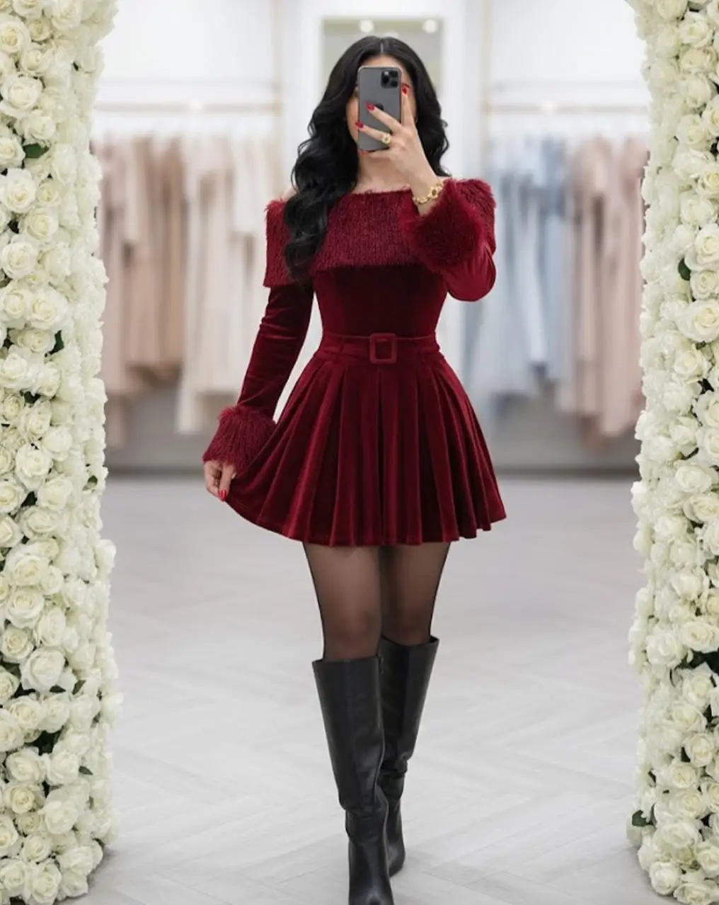 Ofherown Burgundy Velvet Mini Cocktail Dresses Elegant Off-Shoulder Fuzzy Trim Long Sleeve Party Gown with Sash Christmas Dress