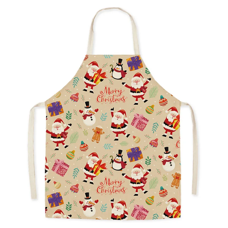 Christmas Deer Print Cleaning Apron Cotton Linen Adult Bib Coffee  Home Cooking Santa Kitchen