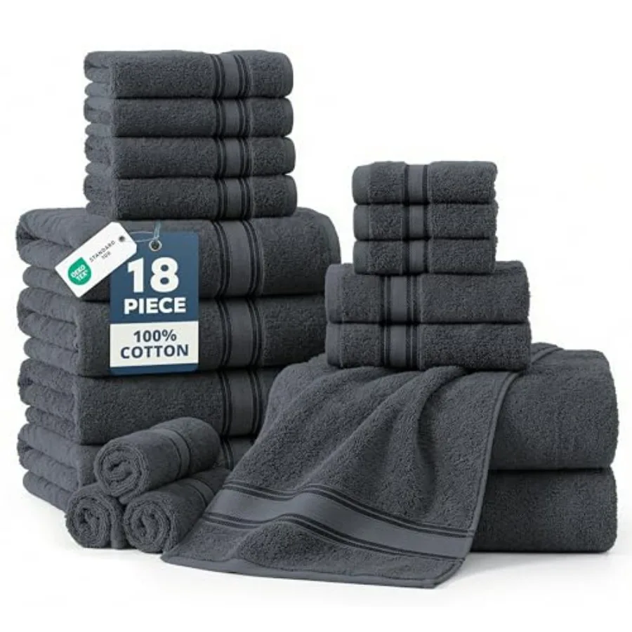 Spa hotel home use: 100 mercerized cotton bath towels set of 18 zero twist, 6 bath, 6 hand, 6 washcloths, soft cool grey, gentl