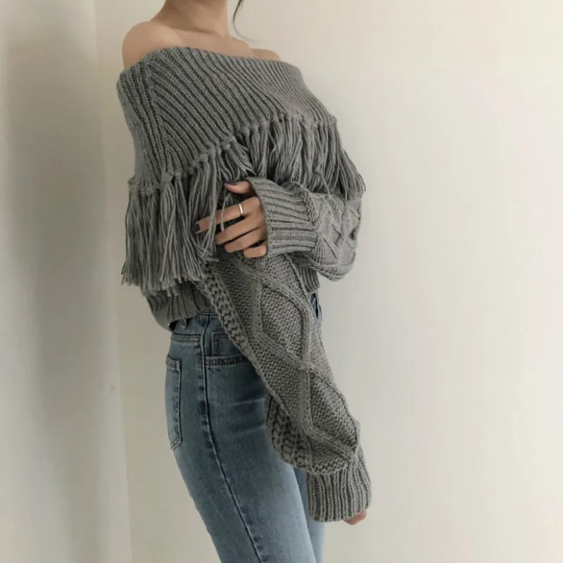 Korean Off Shoulder Tassel Sweater Vintage Yellow Women Loose Long Sleeve Twist Knitted Pullovers 2022 Sexy Crop Sweaters Jumper