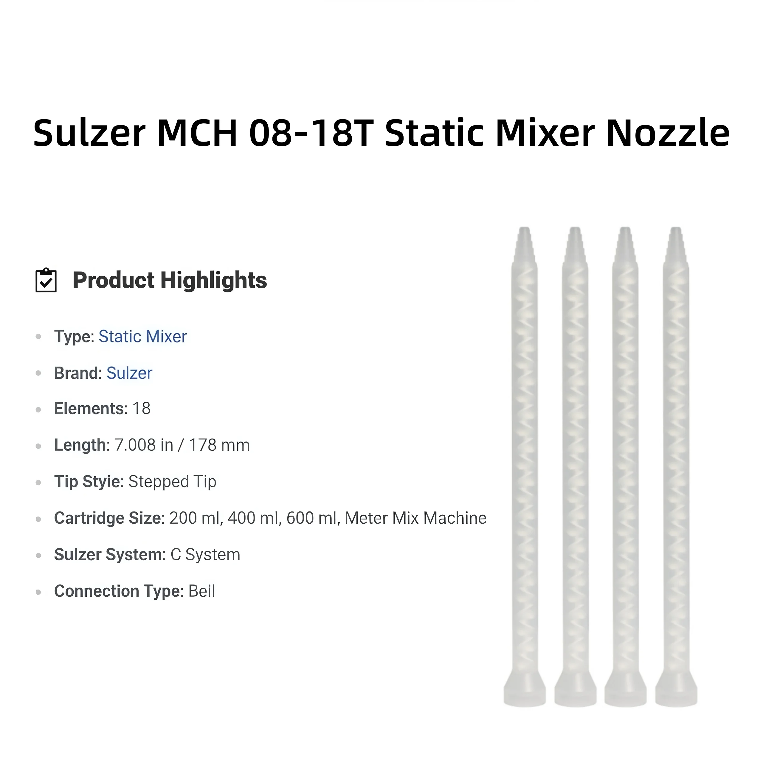 

Sulzer Mixpac MCH 08-18T Статический смеситель для клея Белая круглая трубка для смешивания AB Картридж для клея Наконечник Пластиковый дозирующий эпоксидный клей